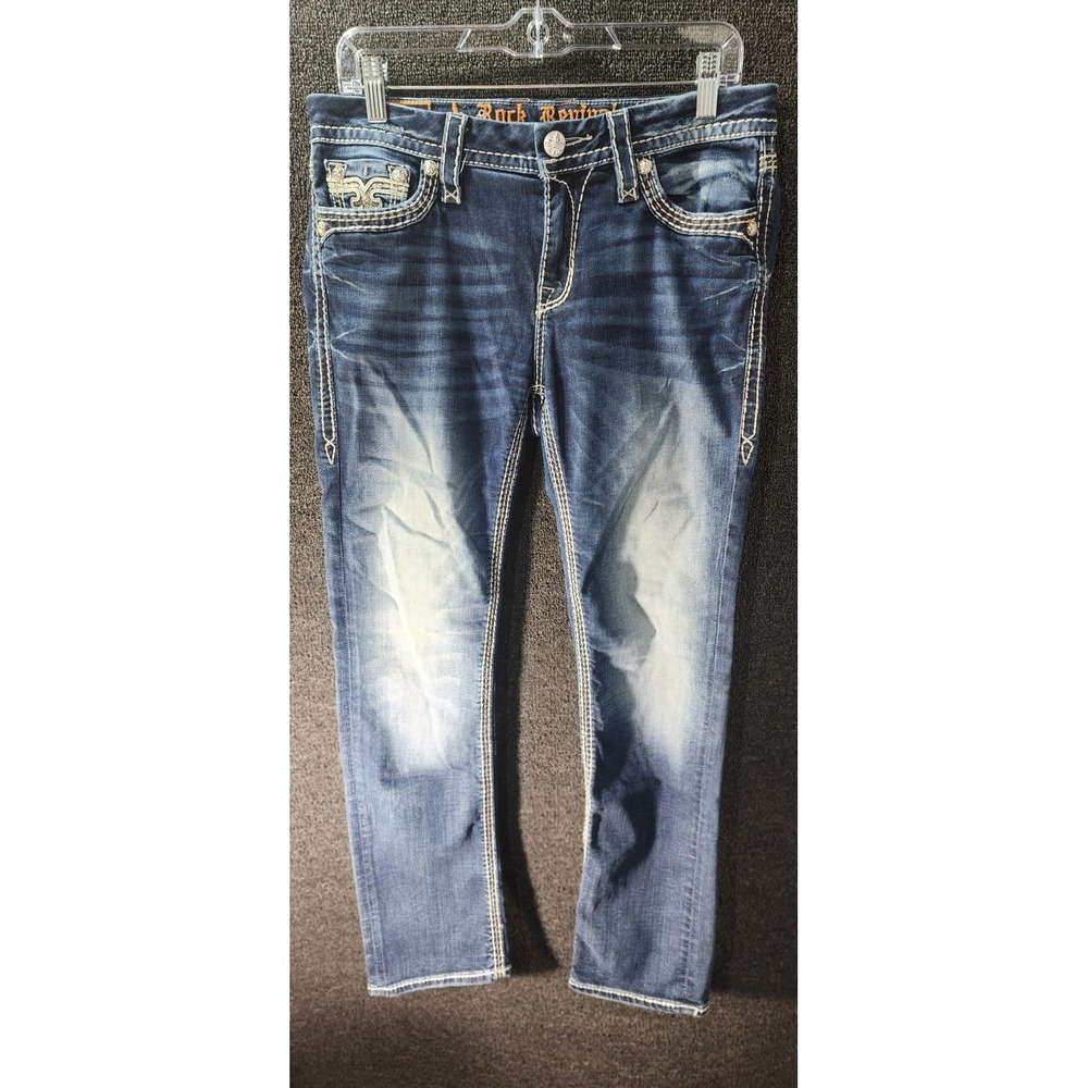 Rock Revival Karla MP3 Skinny Jeans Blue Medium Wash Rhinestone Fleur De Lis 30
